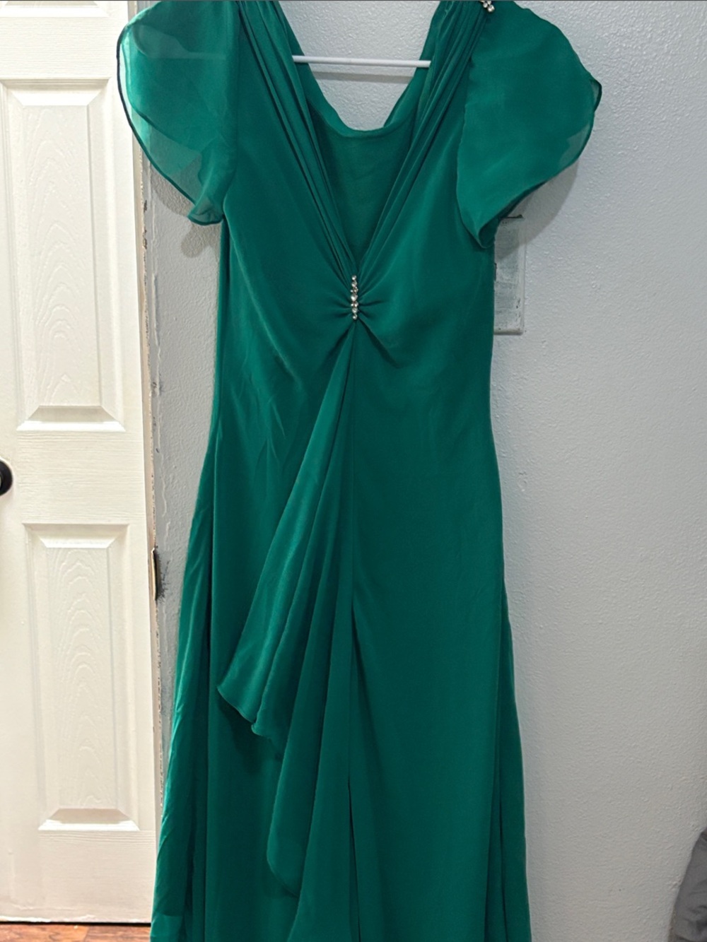 S.L. Fashions Emerald Green V-Neck Draped Midi Dress with Rhinestone Accent